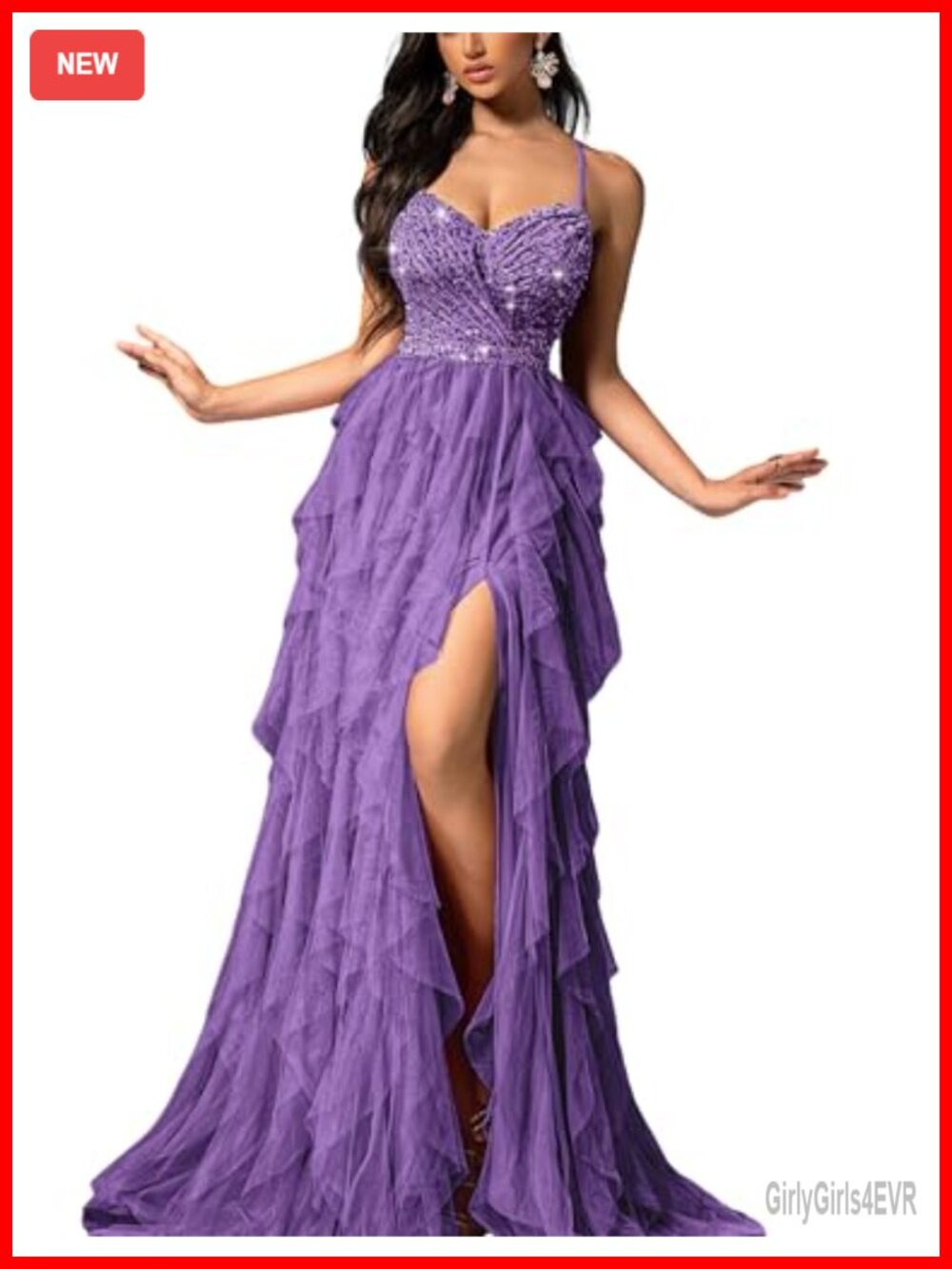 A-Line Sequin Tulle Maxi Prom Formal Dress Lace-Up High Slit